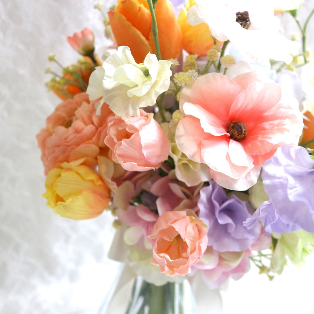 チューリップとラナンキュラスのブーケ&ブートニアset【結婚式 フラワー 造花 ブーケ ブートニア】