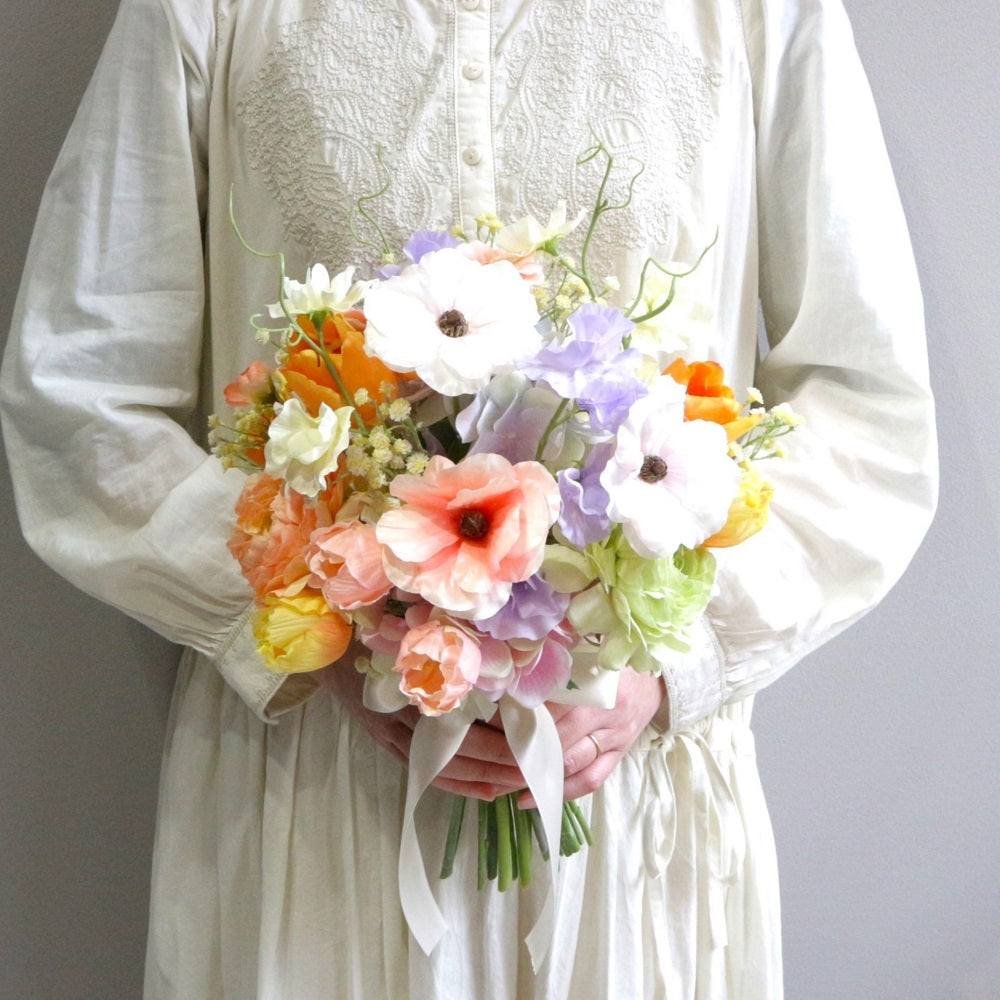 チューリップとラナンキュラスのブーケ&ブートニアset【結婚式 フラワー 造花 ブーケ ブートニア】