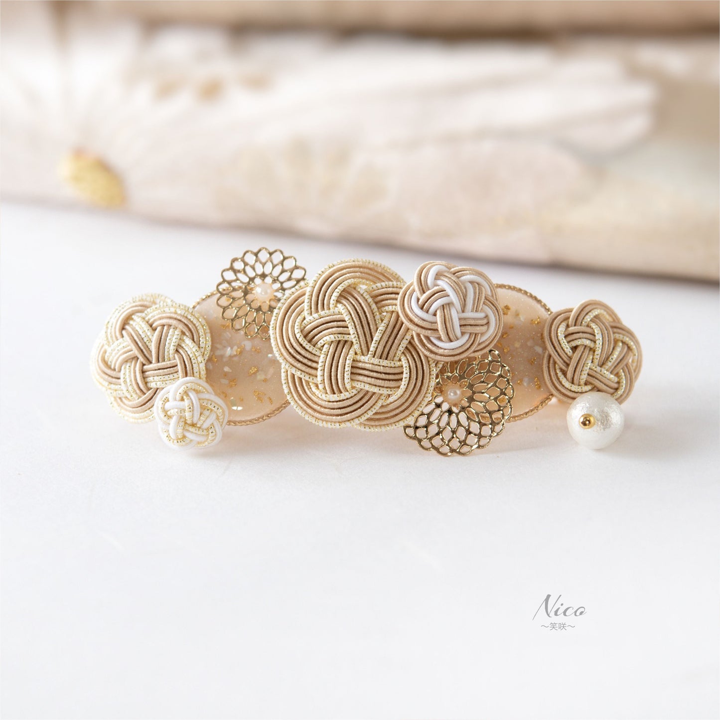 水引バレッタ お花いっぱい ベージュ 【結婚式 和装 アクセサリー】