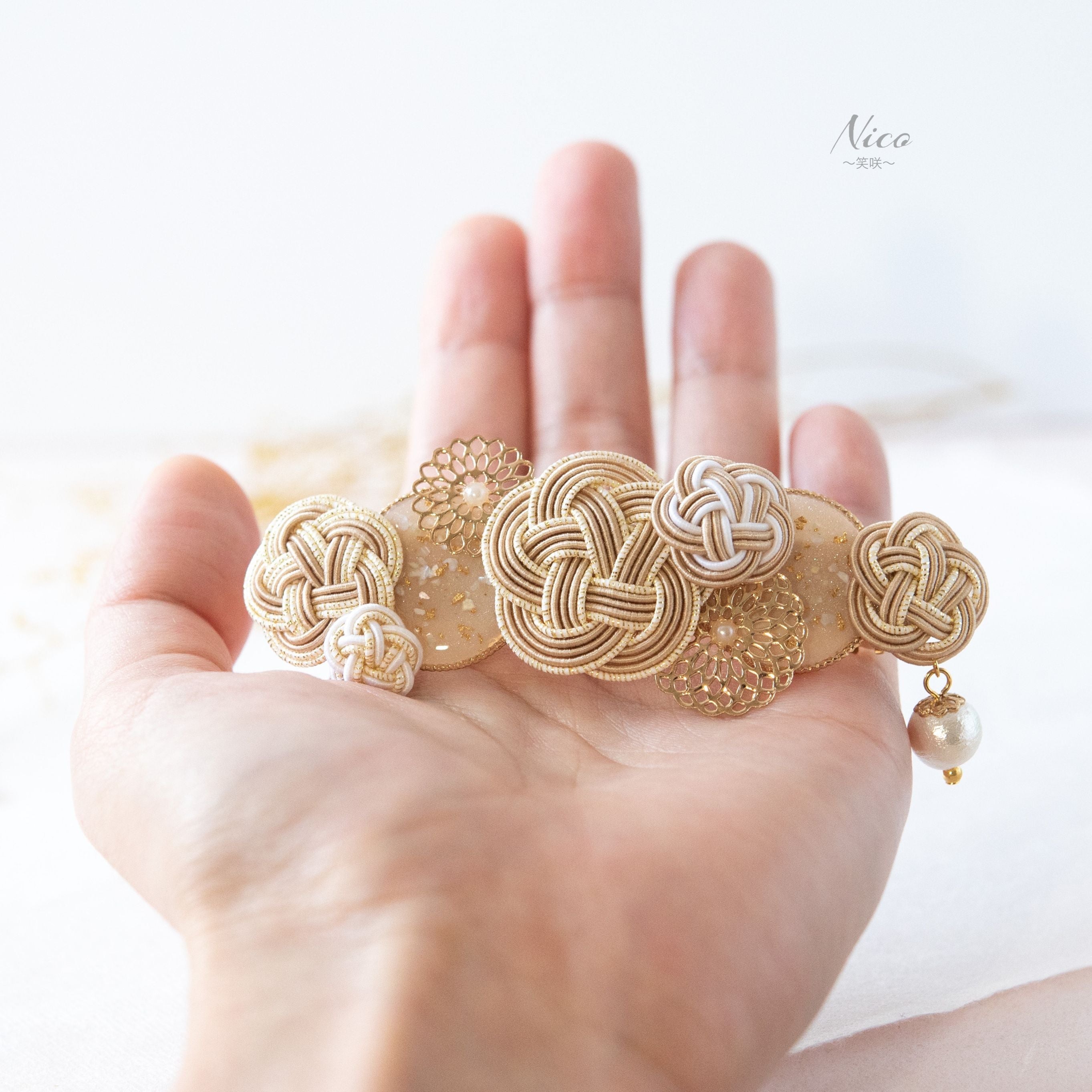 水引バレッタ お花いっぱい ベージュ 【結婚式 和装 アクセサリー