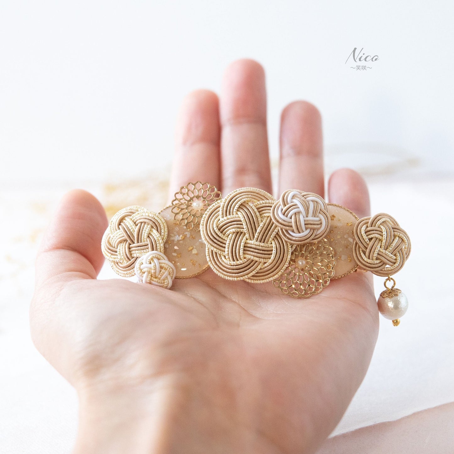 水引バレッタ お花いっぱい ベージュ 【結婚式 和装 アクセサリー】