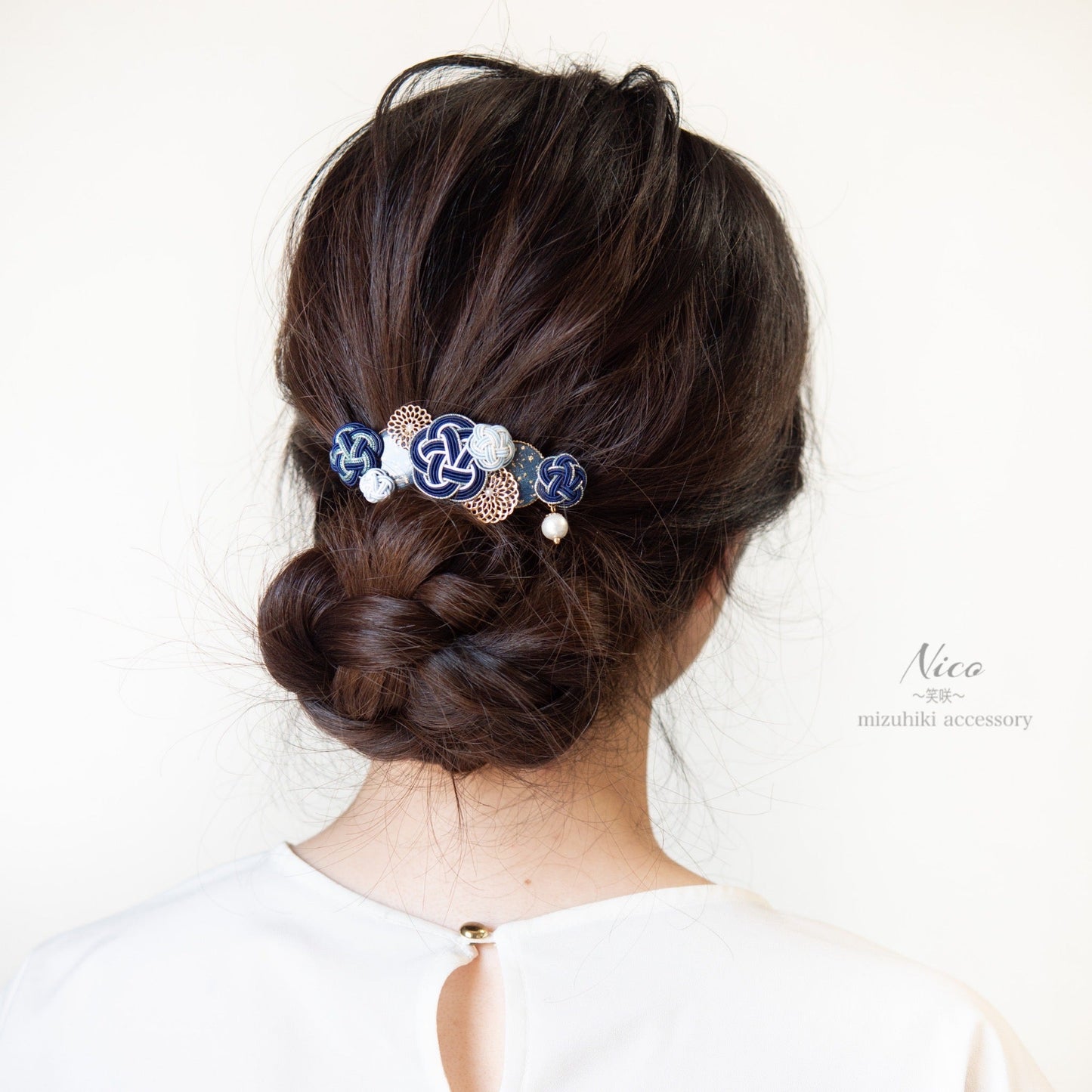 水引バレッタ お花いっぱい ネイビー 【結婚式 和装 アクセサリー】