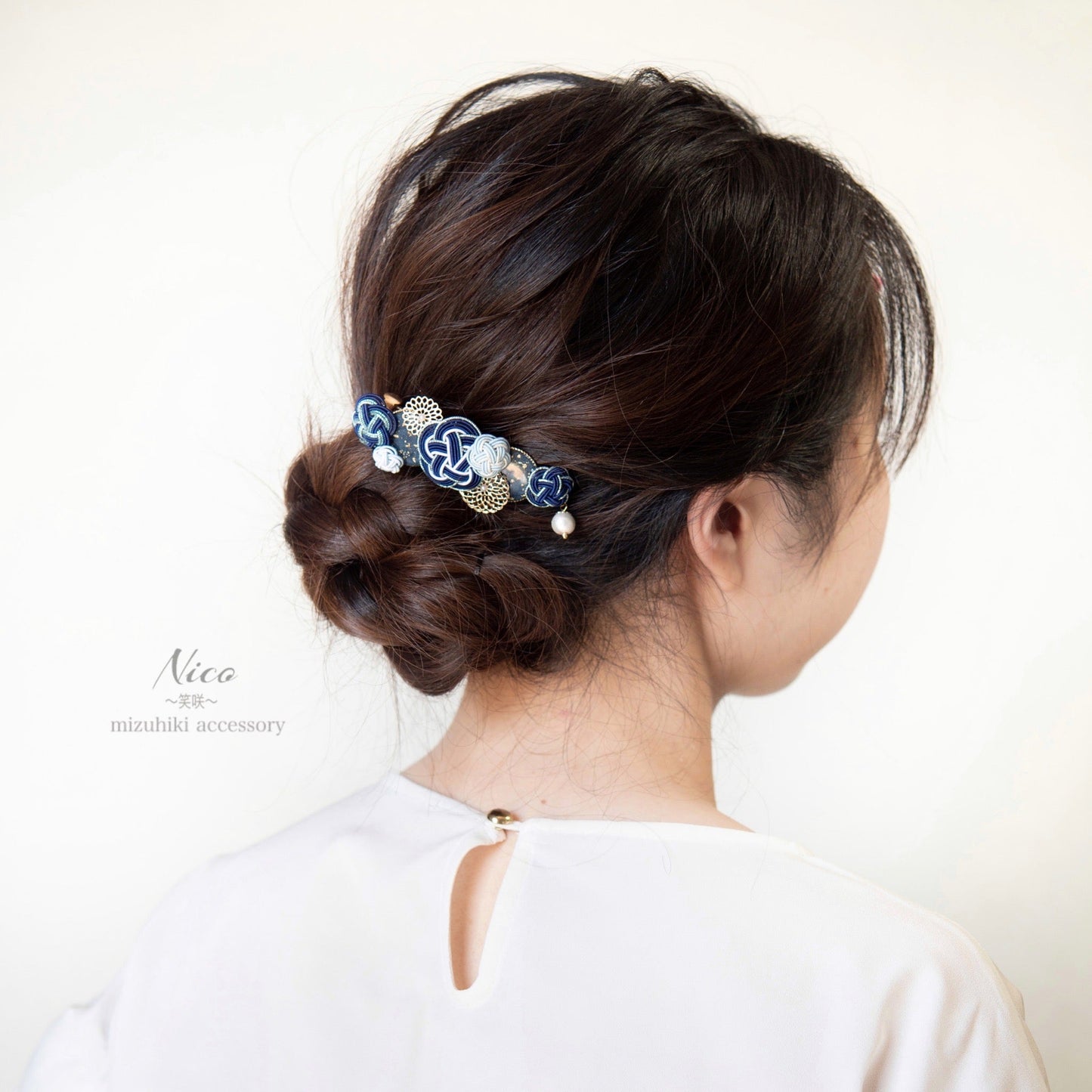 水引バレッタ お花いっぱい ネイビー 【結婚式 和装 アクセサリー】