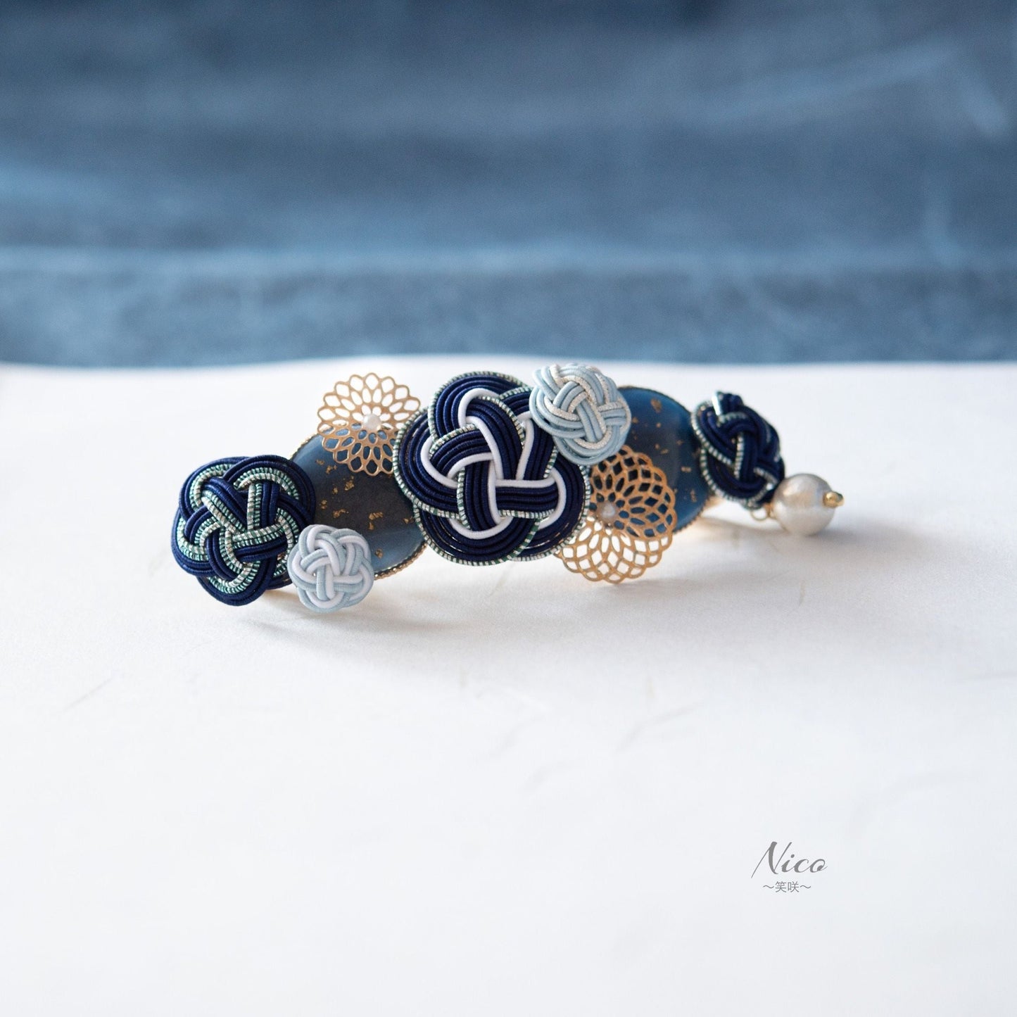 水引バレッタ お花いっぱい ネイビー 【結婚式 和装 アクセサリー】