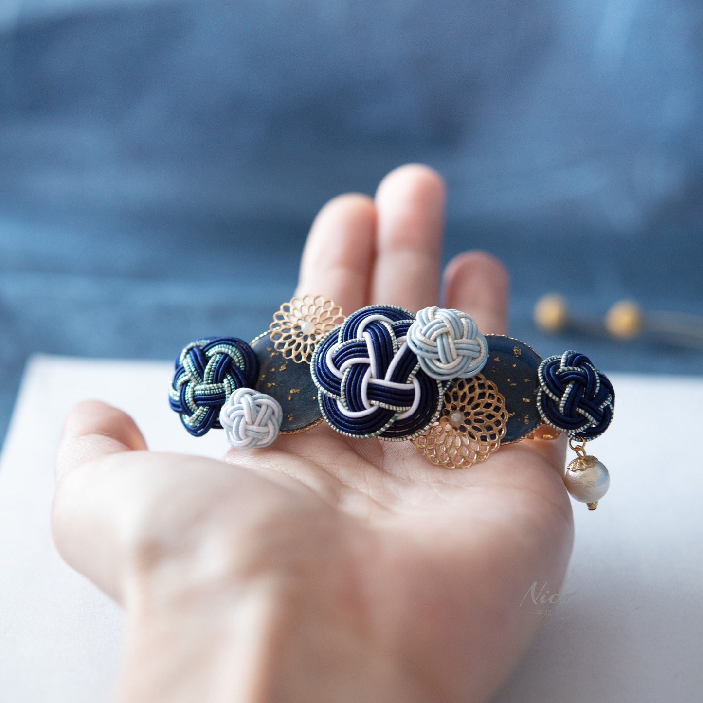 水引バレッタ お花いっぱい ネイビー 【結婚式 和装 アクセサリー】