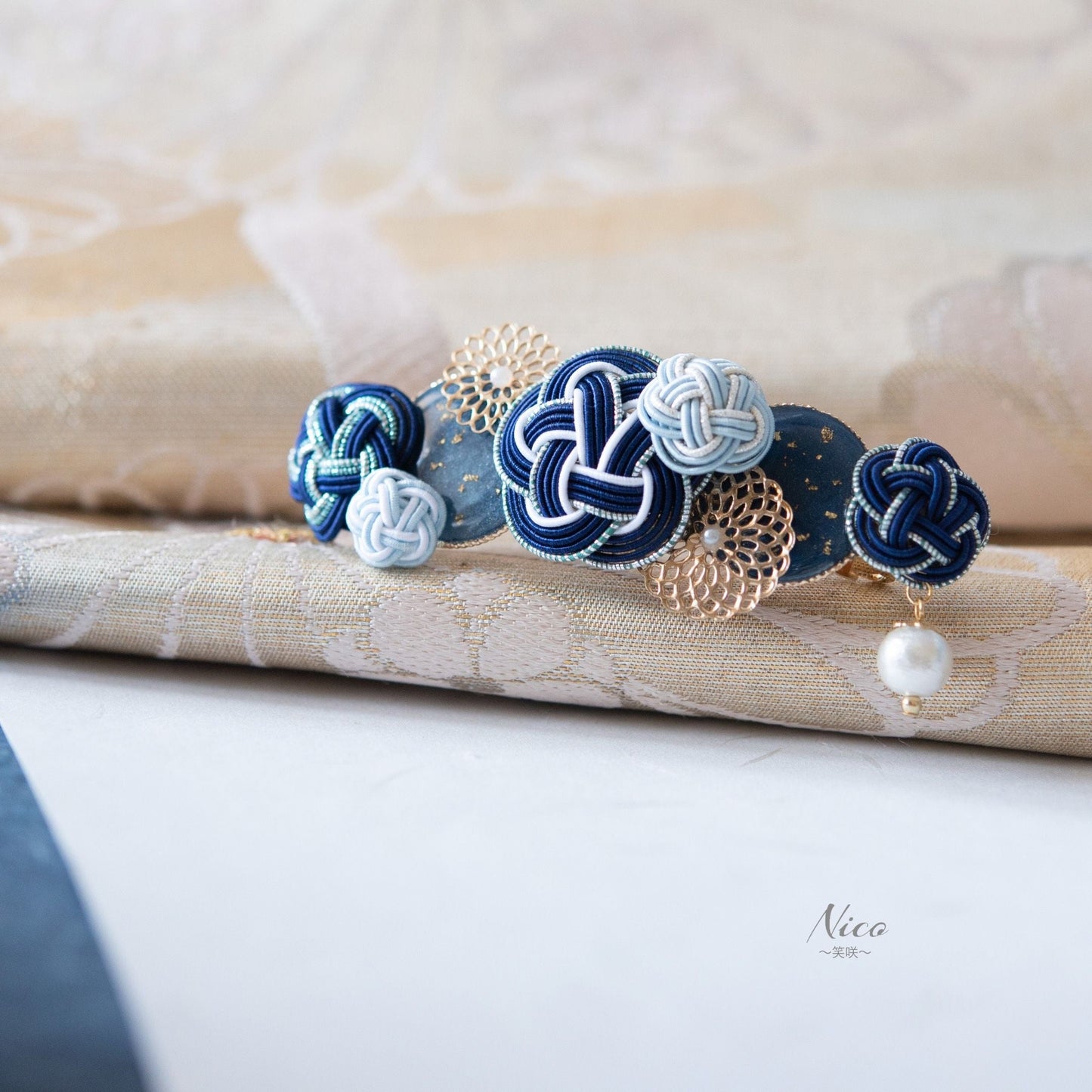 水引バレッタ お花いっぱい ネイビー 【結婚式 和装 アクセサリー】