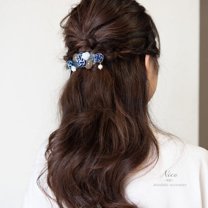 水引バレッタ お花いっぱい ネイビー 【結婚式 和装 アクセサリー】