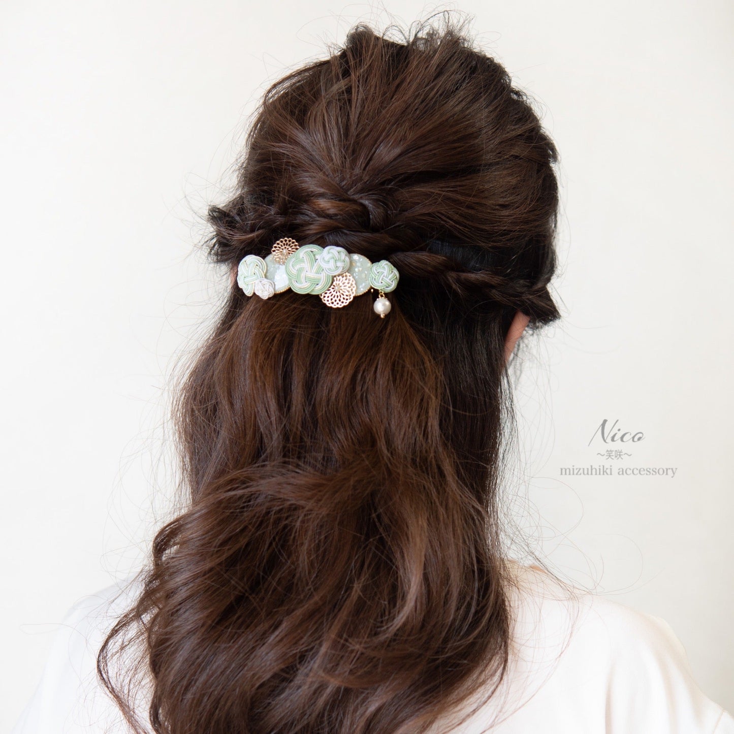 水引バレッタ お花いっぱい 青磁色 【結婚式 和装 アクセサリー】