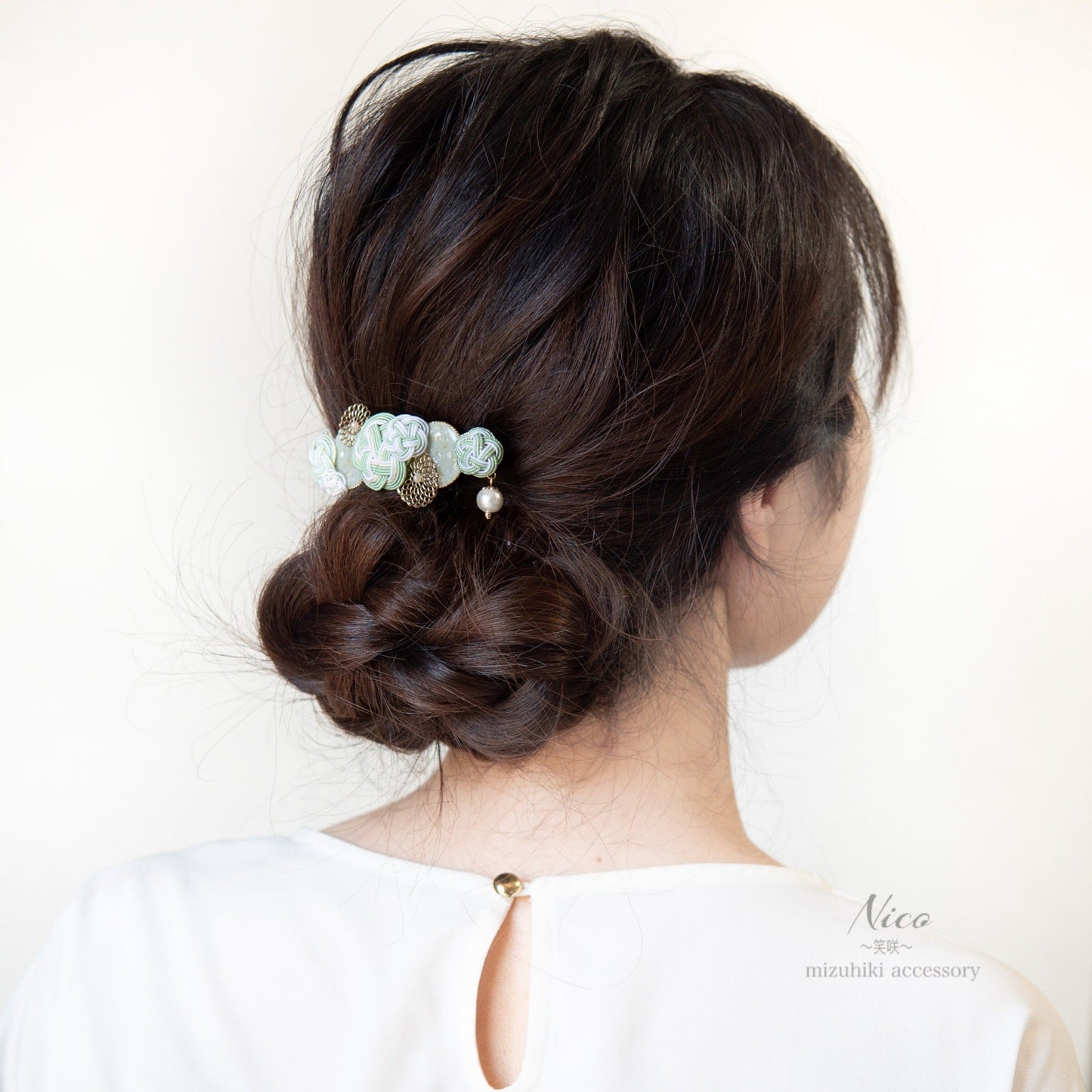 水引バレッタ お花いっぱい 青磁色 【結婚式 和装 アクセサリー】