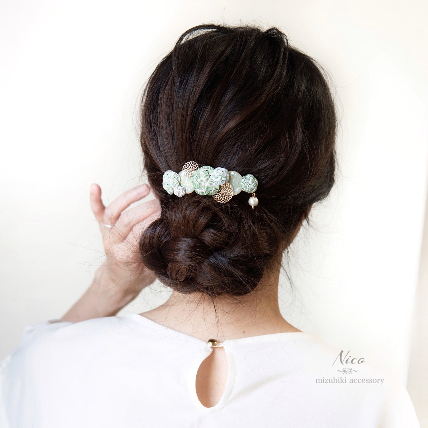 水引バレッタ お花いっぱい 青磁色 【結婚式 和装 アクセサリー】