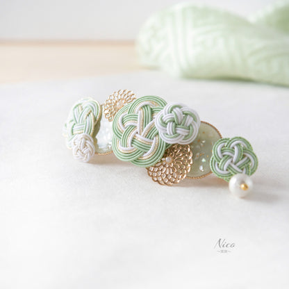 水引バレッタ お花いっぱい 青磁色 【結婚式 和装 アクセサリー】