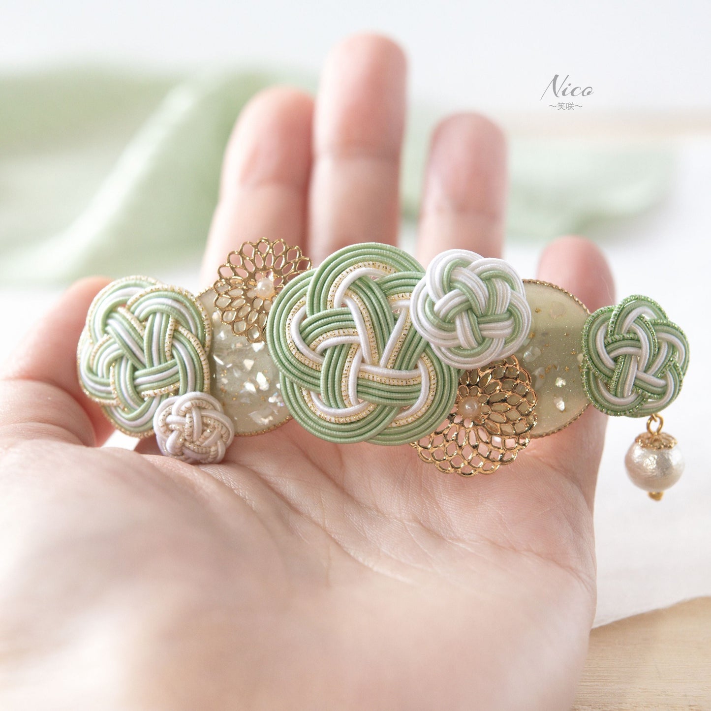 水引バレッタ お花いっぱい 青磁色 【結婚式 和装 アクセサリー】