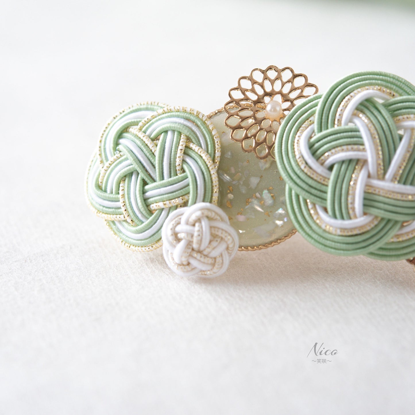 水引バレッタ お花いっぱい 青磁色 【結婚式 和装 アクセサリー】