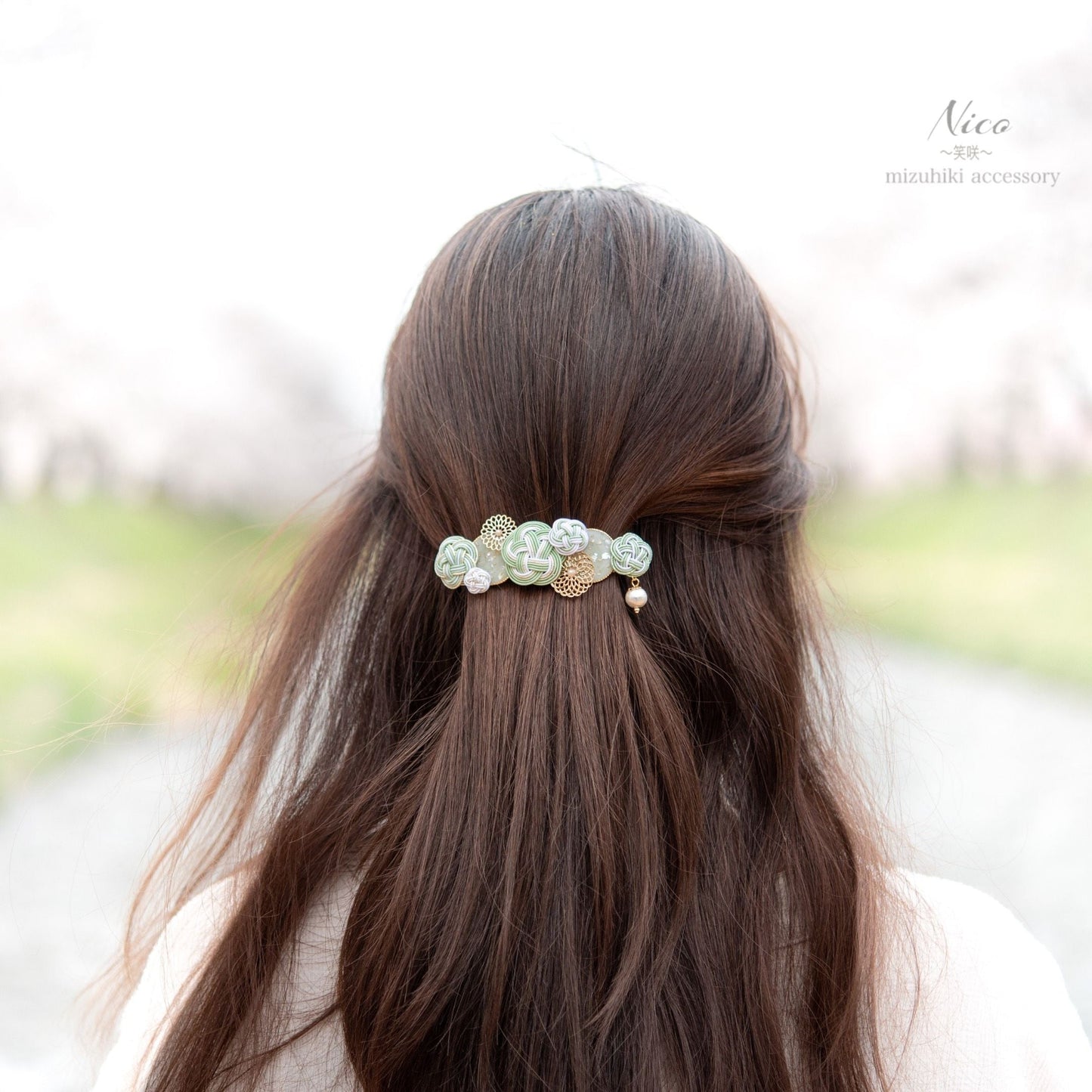 水引バレッタ お花いっぱい 青磁色 【結婚式 和装 アクセサリー】