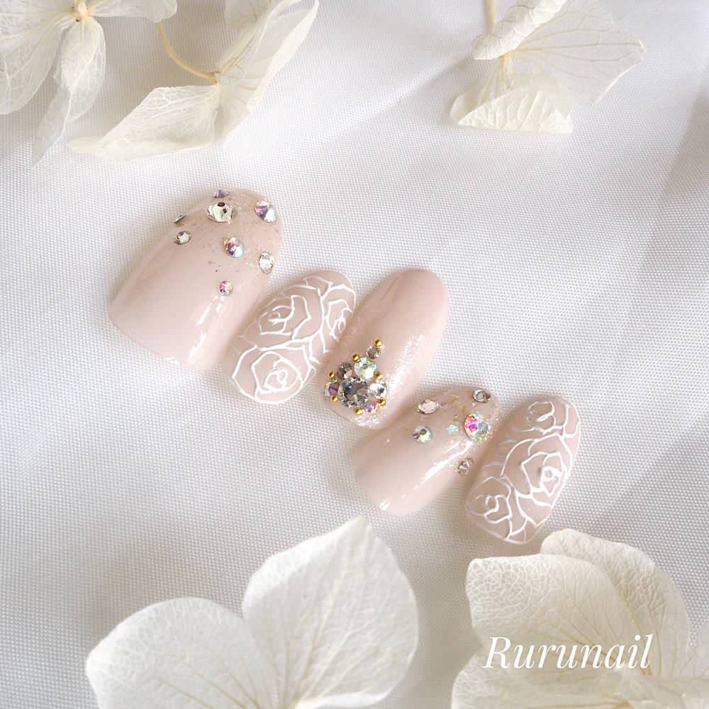 51))ストーンネイル フレンチガーリー ネイルチップ ブライダルネイル