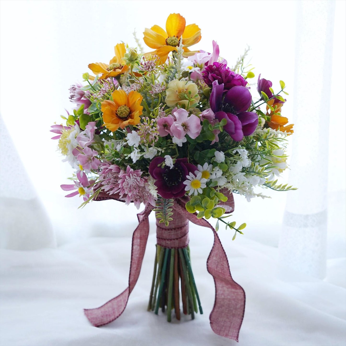 【造花】コスモスとアネモネのナチュラルブーケ【結婚式 フラワー ブーケ ブートニア】