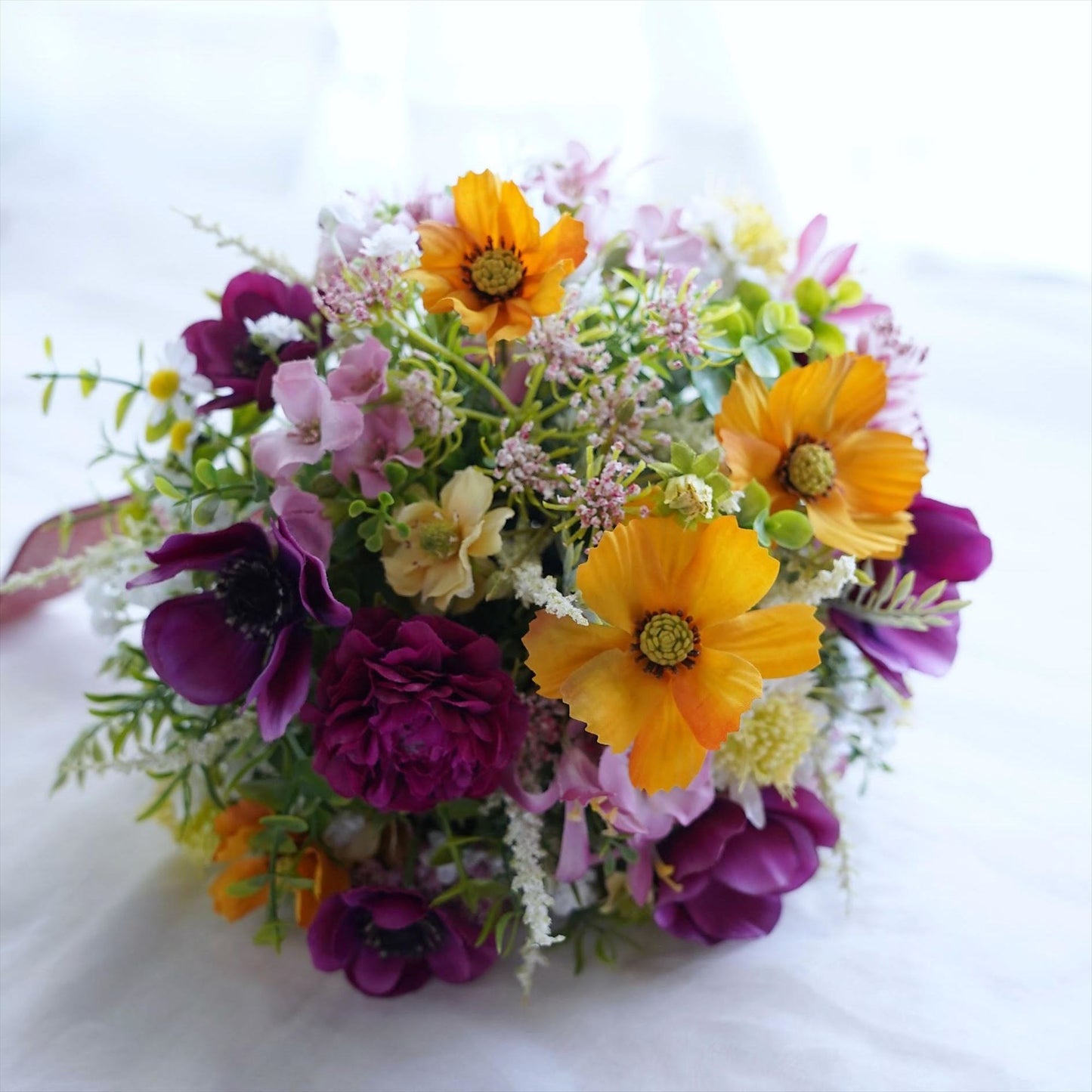 【造花】コスモスとアネモネのナチュラルブーケ【結婚式 フラワー ブーケ ブートニア】