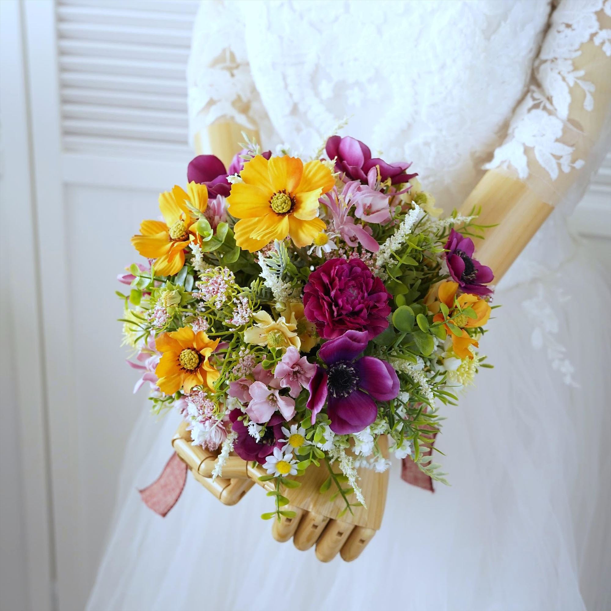 造花】コスモスとアネモネのナチュラルブーケ【結婚式 フラワー ブーケ