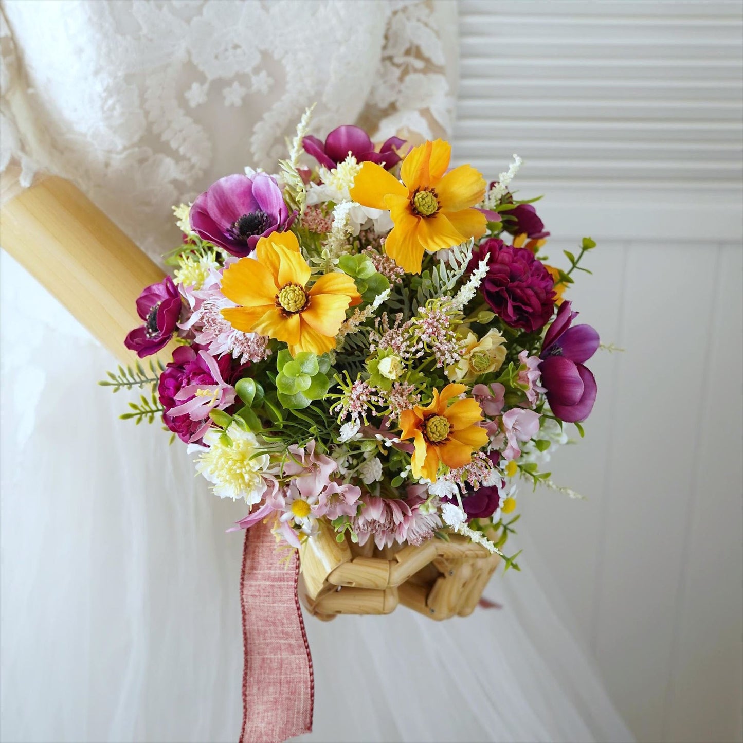 【造花】コスモスとアネモネのナチュラルブーケ【結婚式 フラワー ブーケ ブートニア】