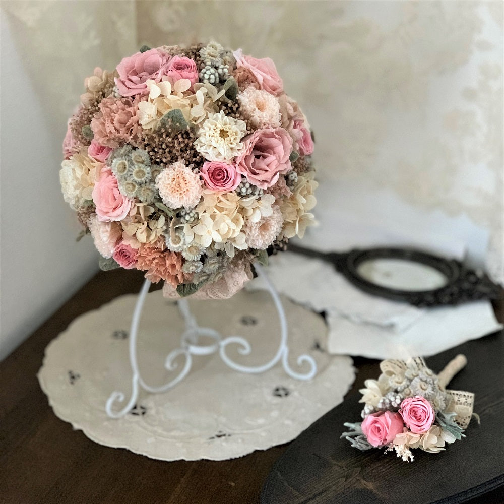 【プリザーブド】アンティークピンク ラウンドブーケ・ブートニア 【結婚式 フラワー ドライフラワー ブーケ ブートニア】