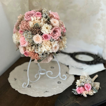 【プリザーブド】アンティークピンク ラウンドブーケ・ブートニア 【結婚式 フラワー ドライフラワー ブーケ ブートニア】