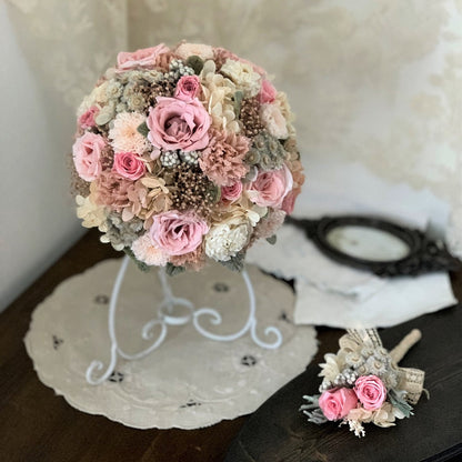 【プリザーブド】アンティークピンク ラウンドブーケ・ブートニア 【結婚式 フラワー ドライフラワー ブーケ ブートニア】