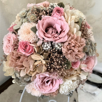 【プリザーブド】アンティークピンク ラウンドブーケ・ブートニア 【結婚式 フラワー ドライフラワー ブーケ ブートニア】