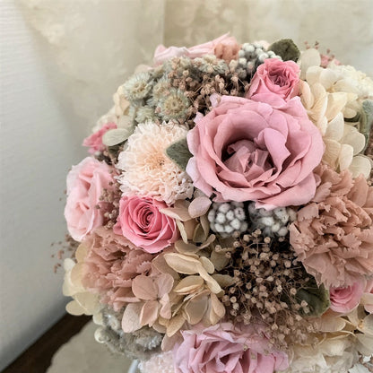 【プリザーブド】アンティークピンク ラウンドブーケ・ブートニア 【結婚式 フラワー ドライフラワー ブーケ ブートニア】