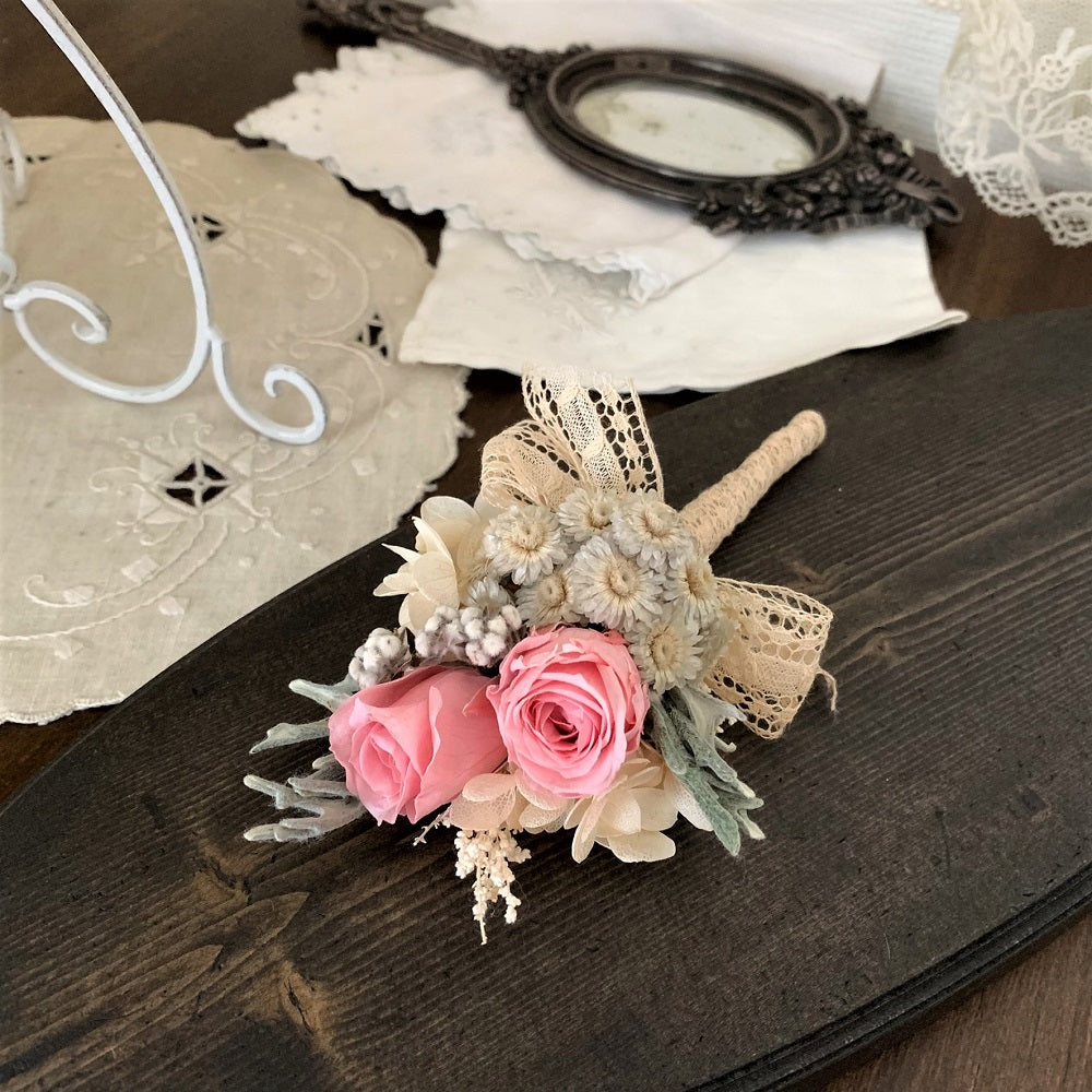 プリザーブド】アンティークピンク ラウンドブーケ・ブートニア 【結婚