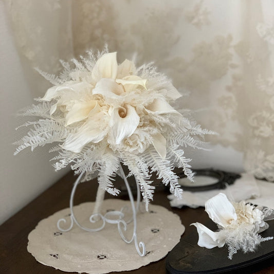 【プリザーブド】ミニカラー ラウンドブーケ・ブートニア 【結婚式 フラワー ドライフラワー ブーケ ブートニア】