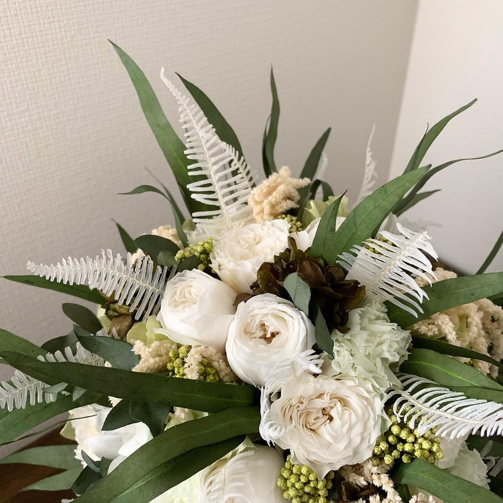 プリザーブド】ラウンドブーケ&ブートニア ナチュラルホワイトグリーン