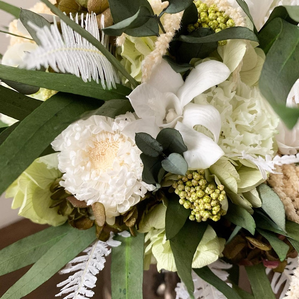 プリザーブド】ラウンドブーケ&ブートニア ナチュラルホワイトグリーン