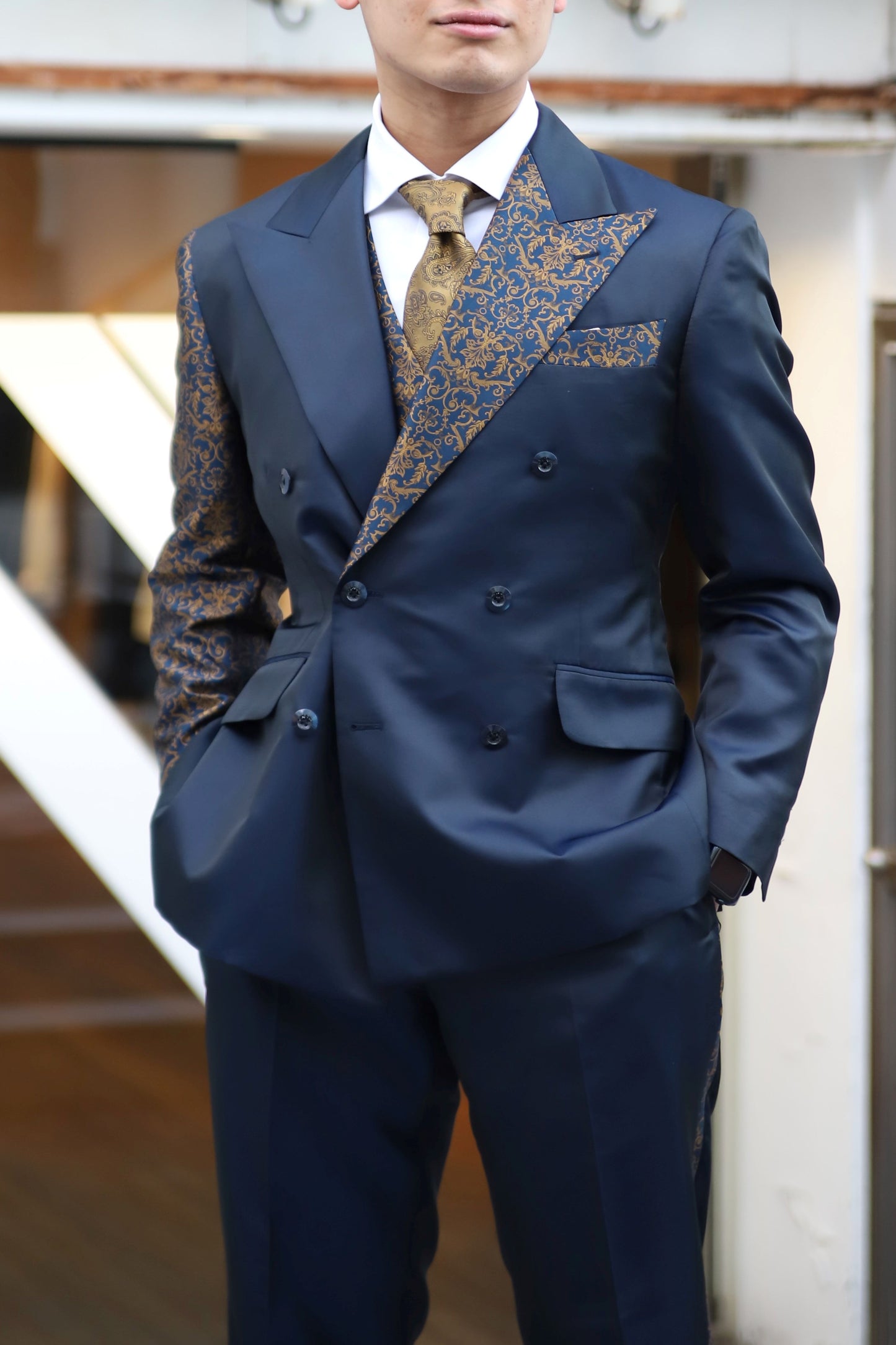 【CORDY特典あり】切り替えデザインネイビースーツ/ベスト付き【結婚式 タキシード オーダーメイド】