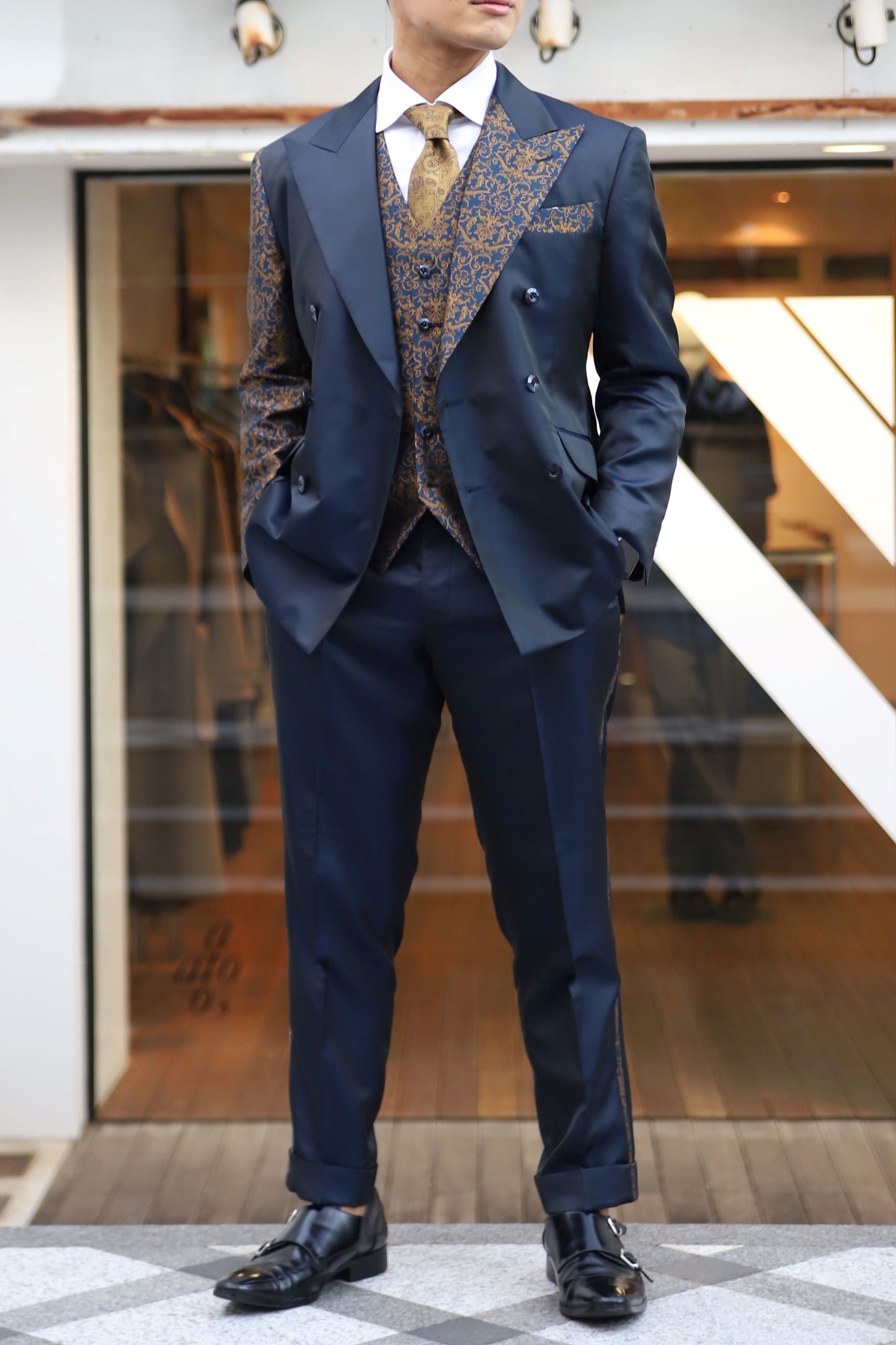 【CORDY特典あり】切り替えデザインネイビースーツ/ベスト付き【結婚式 タキシード オーダーメイド】