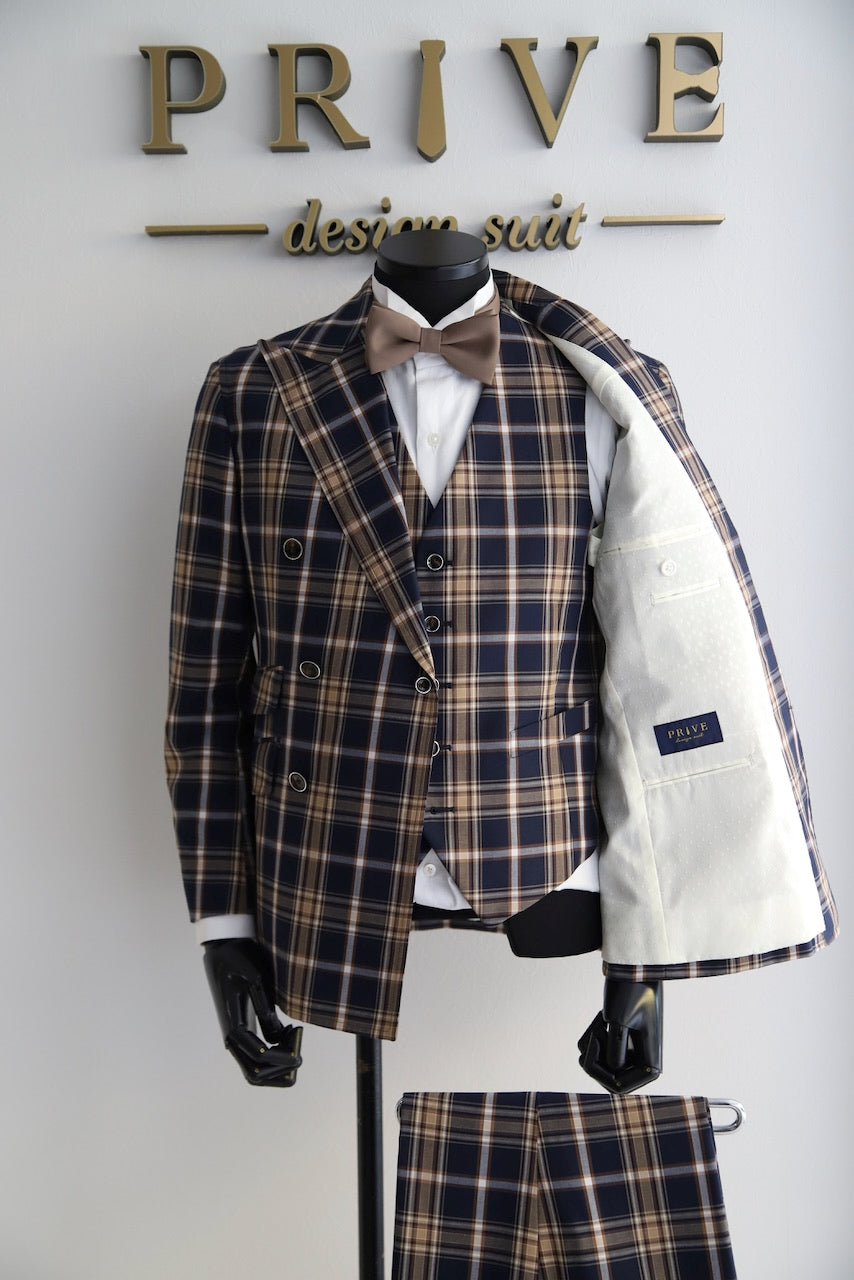 ネイビーベージュチェックダブルスーツ【結婚式 タキシード レンタル】