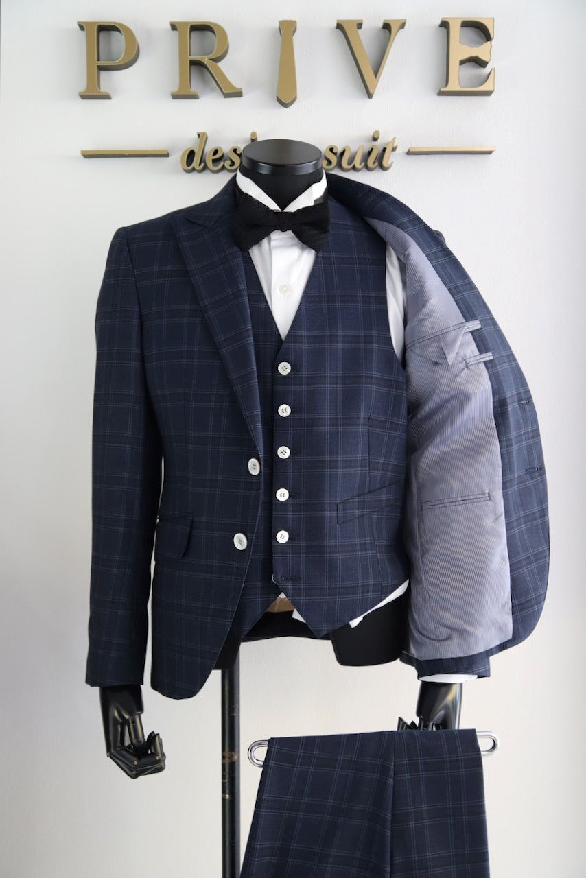 ネイビーチェックスーツ【結婚式 タキシード レンタル】