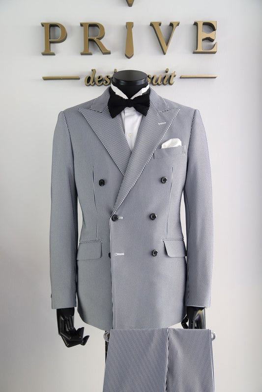 シアサッカーダブルスーツ/ブルー【結婚式 タキシード レンタル】