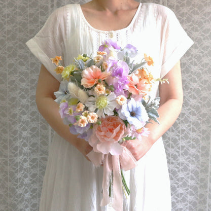 シャーベットカラーのブーケ＆ブートニアset【結婚式　フラワー　造花　ブーケ　ブートニア】