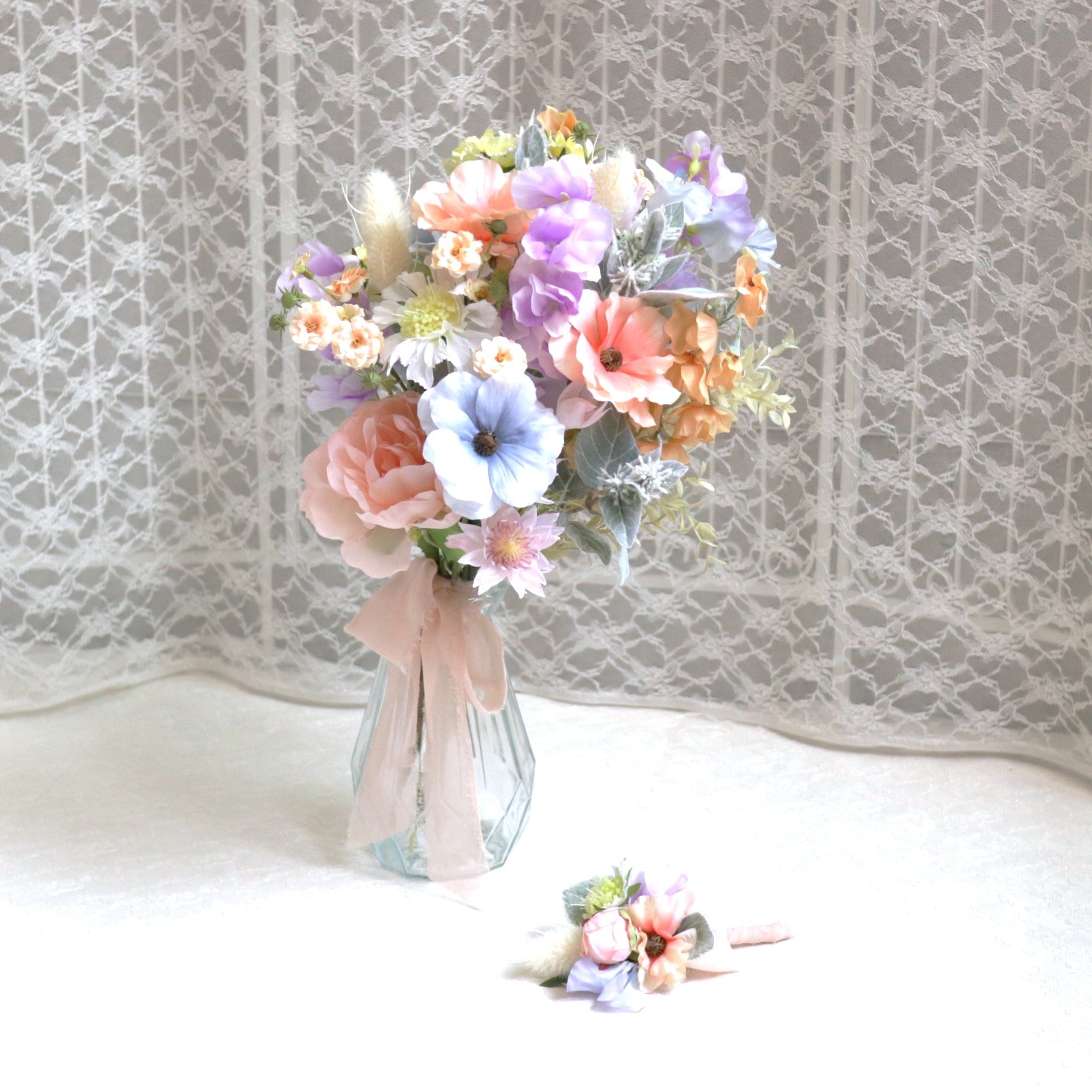 シャーベットカラーのブーケ＆ブートニアset【結婚式 フラワー 造花
