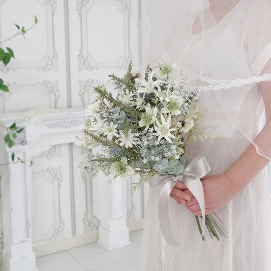 フランネルフラワーとユーカリのブーケ＆ブートニア【結婚式　フラワー　造花　ブーケ　ブートニア】set