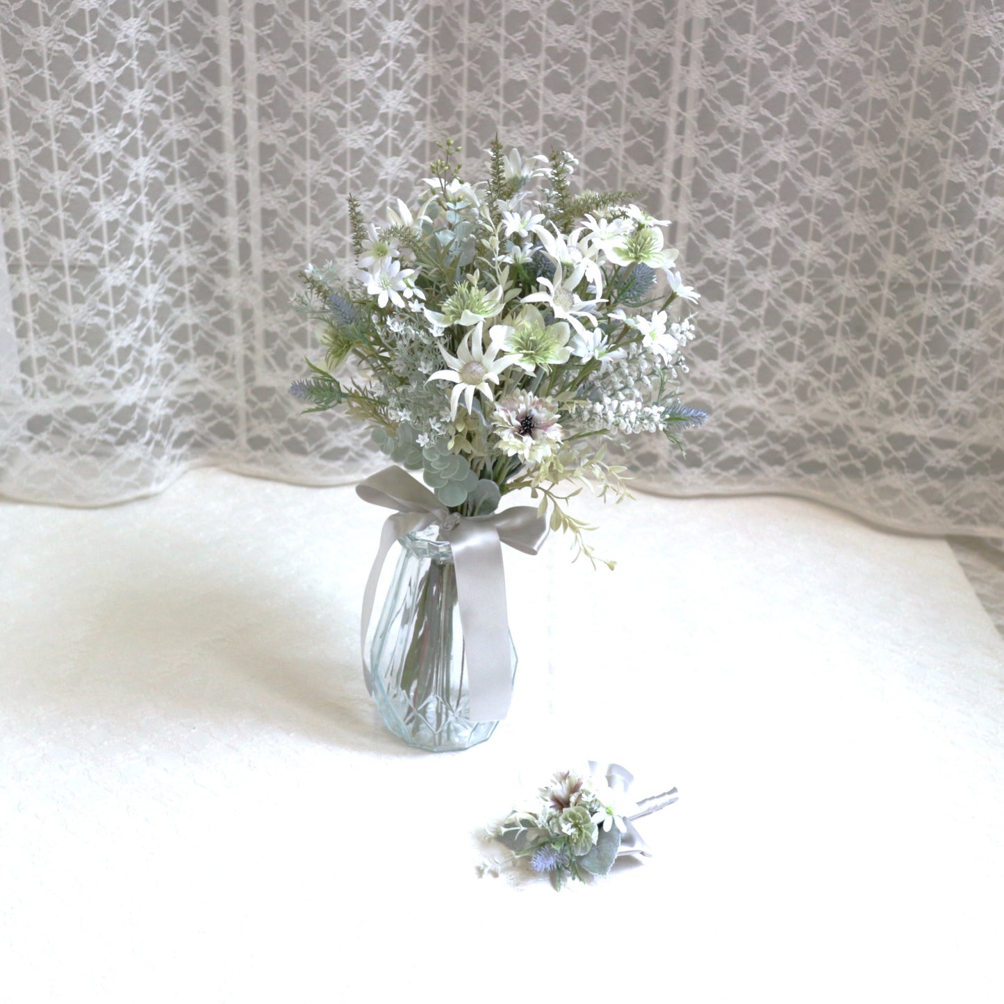フランネルフラワーとユーカリのブーケ＆ブートニア【結婚式　フラワー　造花　ブーケ　ブートニア】set