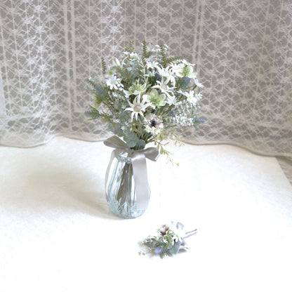 フランネルフラワーとユーカリのブーケ＆ブートニア【結婚式　フラワー　造花　ブーケ　ブートニア】set