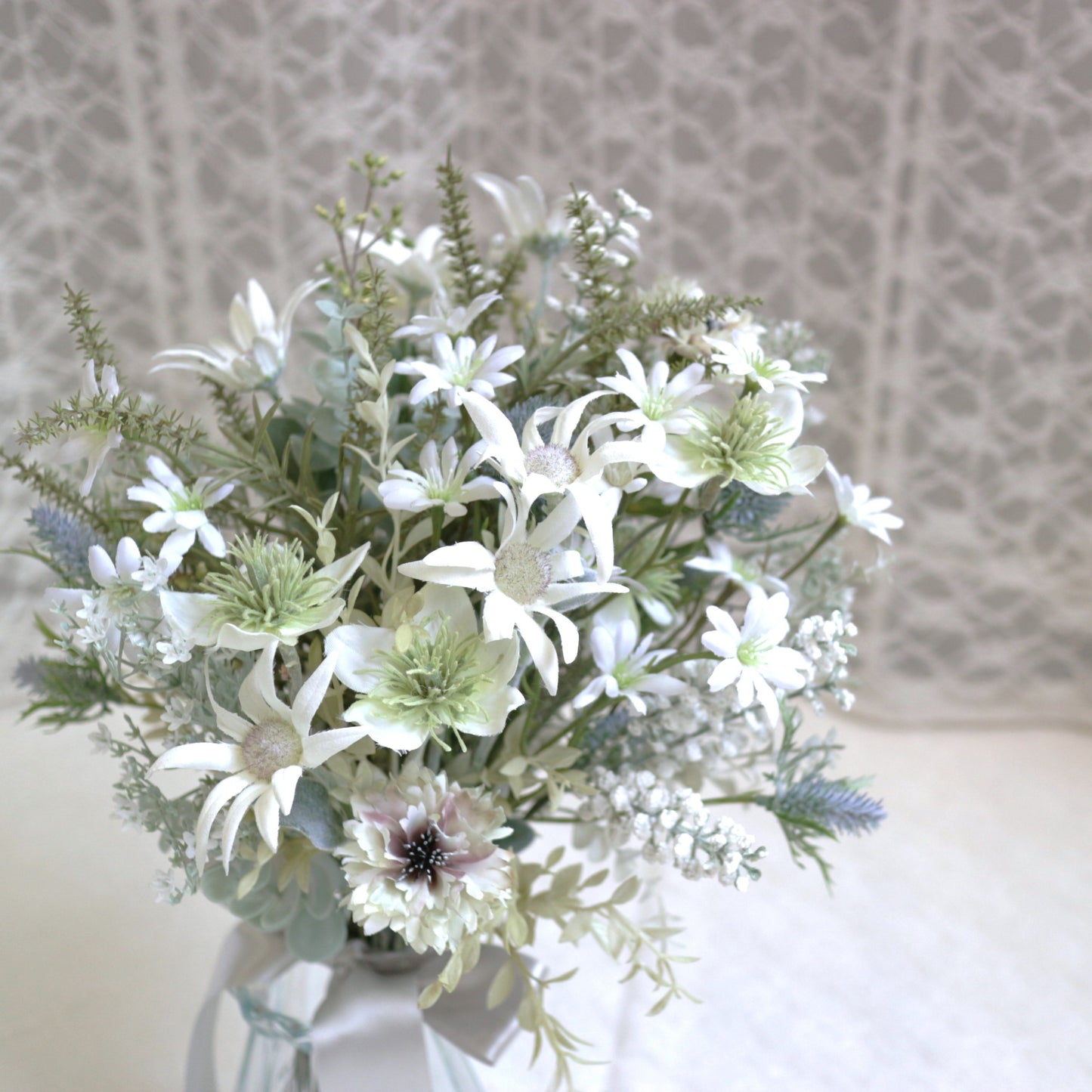 フランネルフラワーとユーカリのブーケ＆ブートニア【結婚式　フラワー　造花　ブーケ　ブートニア】set