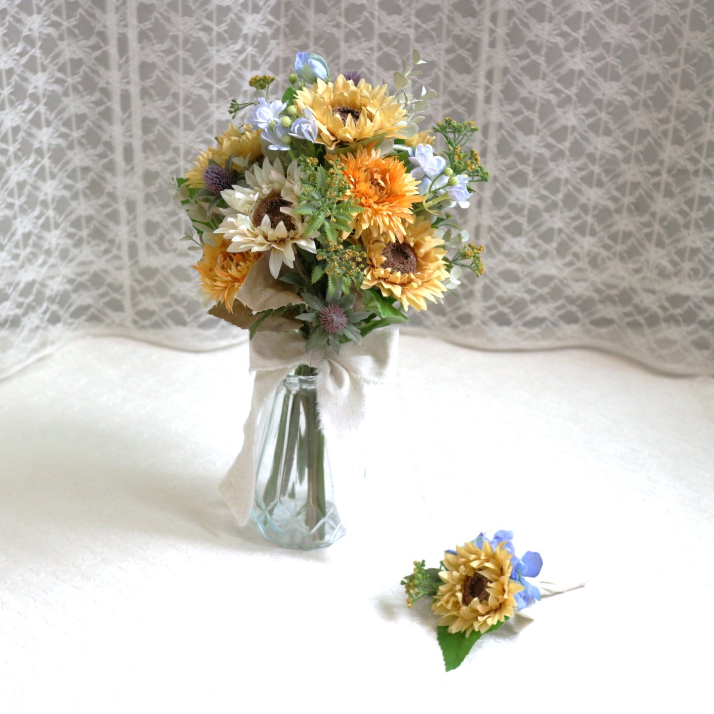 ひまわりとユーカリのブーケ＆ブートニアset【結婚式　フラワー　造花　ブーケ　ブートニア】