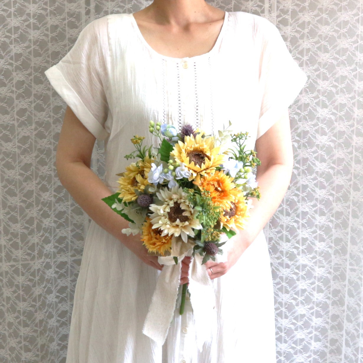 ひまわりとユーカリのブーケ&ブートニアset【結婚式 フラワー 造花 ひまわりとユーカリのブーケ&ブートニアset【結婚式 フラワー 造花