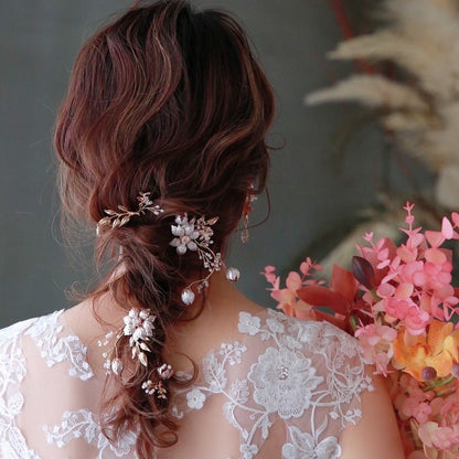 【ヘッドドレス】小枝 ゴールド フラワー 4P ヘアピン/ブライダルアクセサリー 【結婚式 ヘアアクセサリー】
