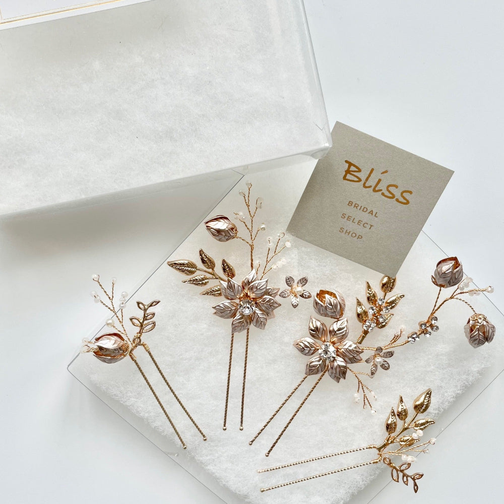 【ヘッドドレス】小枝 ゴールド フラワー 4P ヘアピン/ブライダルアクセサリー 【結婚式 ヘアアクセサリー】