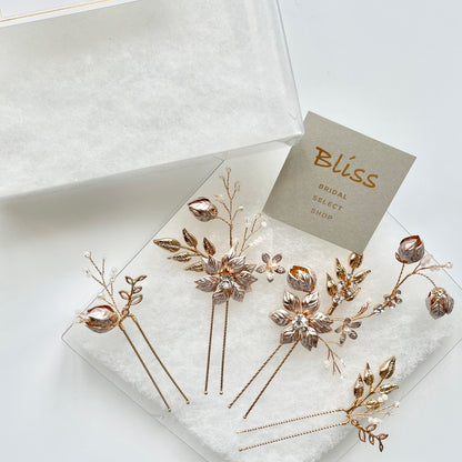 【ヘッドドレス】小枝 ゴールド フラワー 4P ヘアピン/ブライダルアクセサリー 【結婚式 ヘアアクセサリー】