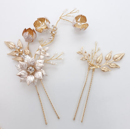 【ヘッドドレス】小枝 ゴールド フラワー 4P ヘアピン/ブライダルアクセサリー 【結婚式 ヘアアクセサリー】