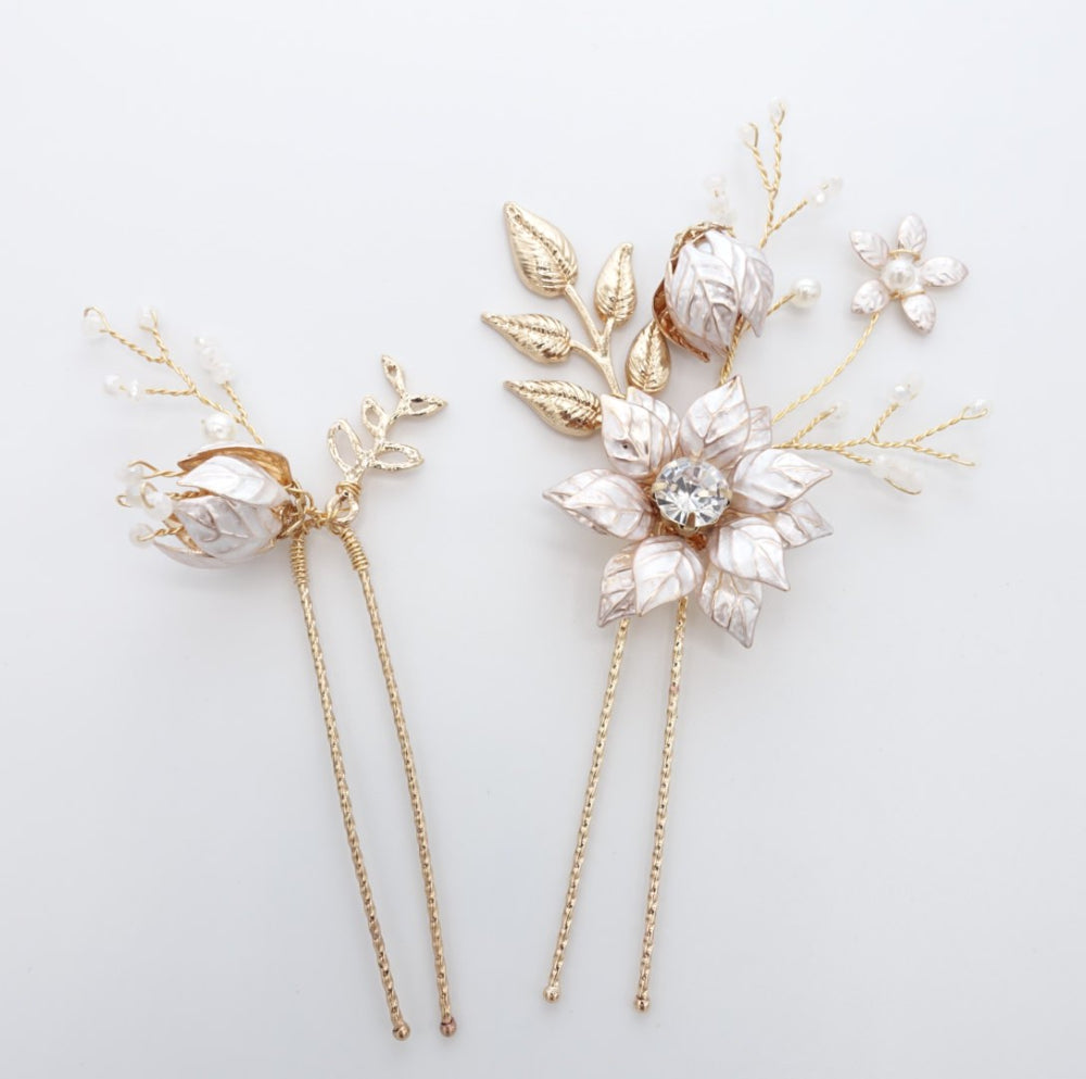 【ヘッドドレス】小枝 ゴールド フラワー 4P ヘアピン/ブライダルアクセサリー 【結婚式 ヘアアクセサリー】